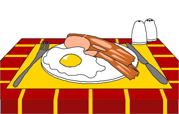 The image shows a cartoon of breakfast food on plates atop a table with red checkered cloths; there's sausage links in baskets next to eggs over easy, accompanied by toast slices and syrup bottles, all set against an outdoor picnic scene background featuring trees under blue sky.