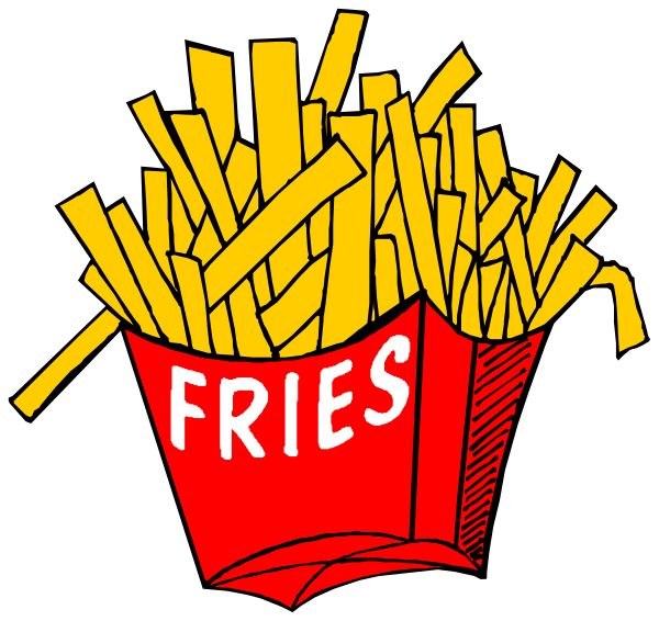 The cartoon shows a large pile of yellow french fries with red text that reads "FRIES" on top in bold letters inside an open cardboard box.