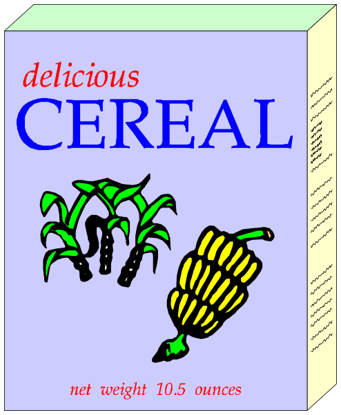 The image shows a book cover with text that reads "DELICIOUS CEREAL" at top center; below this is an illustration of three ears of corn on left side against blue background, right side features two yellow carrots and one green bean in front of them, all set within white borders.
