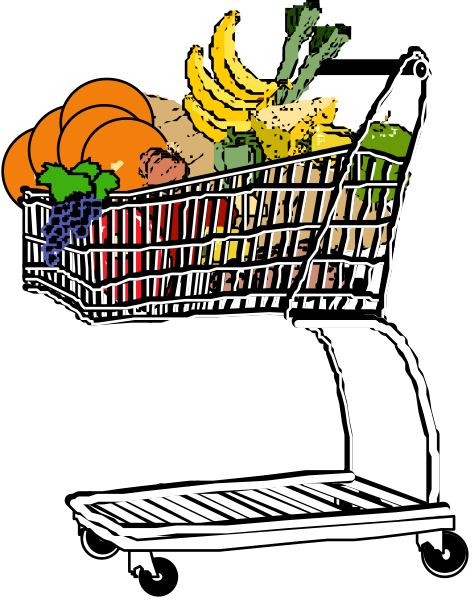 The black and white illustration shows a shopping cart filled with various fruits and vegetables such as bananas, carrots, broccoli, apples, and an orange; it is placed on wheels against a dark background.