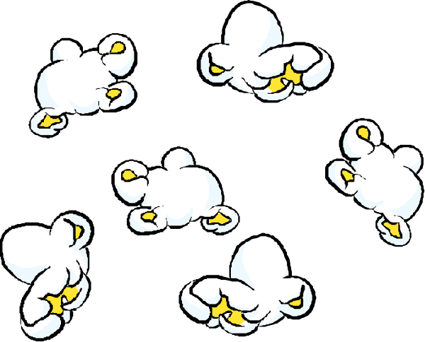 The image shows a collection of white cloud shapes with yellow lightning bolts on them against a black background.