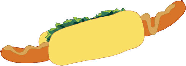 The image shows a cartoon hot dog with various toppings on it placed next to an actual photograph of two tacos in front of each other against a gray background.