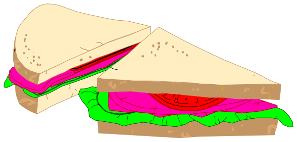 The image shows a sandwich with various fillings on top of it placed next to another similar looking sandwich that is cut open revealing its contents inside.