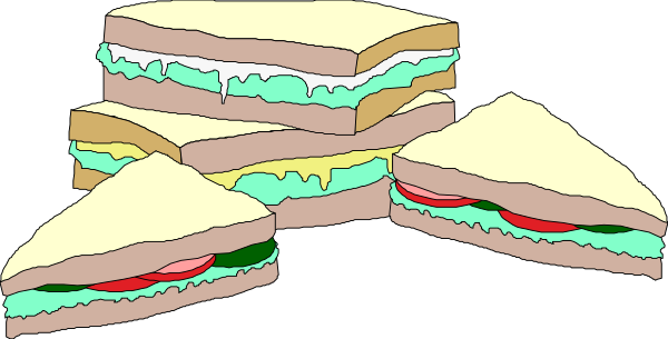 The image shows four sandwiches on a table with various fillings visible between slices of bread.