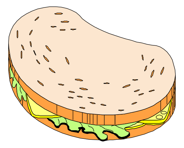 The image shows a sandwich with various fillings on it placed against a black background.