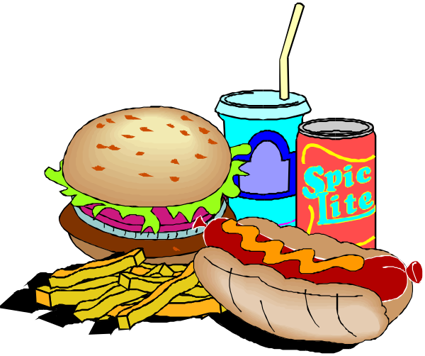 The illustration depicts a variety of fast food items on top of each other against a black background: there is an open hamburger with lettuce visible; two hot dogs in buns next to it, one closer and another further away from viewer's perspective; french fries lying beside the burger; a can labeled "Soda Life" positioned behind the food items.