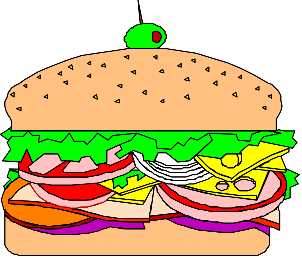 The image shows a hamburger with lettuce, tomato, onion rings, cheese slices, pickles, mustard, ketchup, mayonnaise, and meat patty in between two buns; there is also an apple slice atop one of the burger patties.