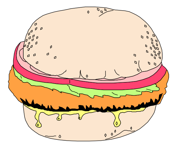 The illustration shows a hamburger with sesame seeds on top of it placed against a black background.