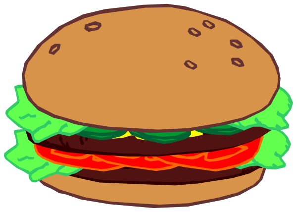 The image shows a cartoon hamburger with lettuce on top of it placed next to two smaller burgers that also have lettuce.