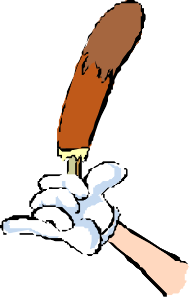 The picture shows a person holding an object that resembles a hot dog with mustard on it over their head as if about to eat it.