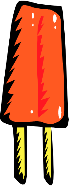 The image shows a red popsicle with two white dots on it standing upright against a black background.