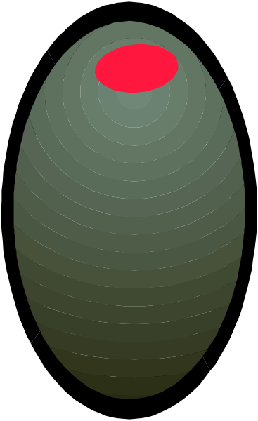The image shows a stylized depiction of an egg with two red dots on it against a gray background.