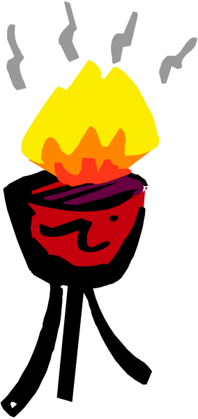 The image shows a cartoon of an orange flame with two black eyes on top of it inside what appears to be a fireplace door frame against a gray background.