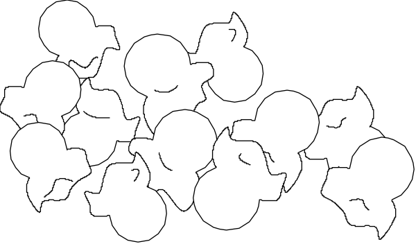 The black and white picture shows a row of popcorn kernels on top with an apple slice below it against a dark background.