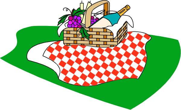 The picture shows a picnic scene with an open umbrella on top of it is a basket filled with food items such as sandwiches and fruits like bananas and apples. There's also wine glasses, bottles, flowers in vases, potted plants around the area, and some decorative elements that make up for a cozy picnic setting.