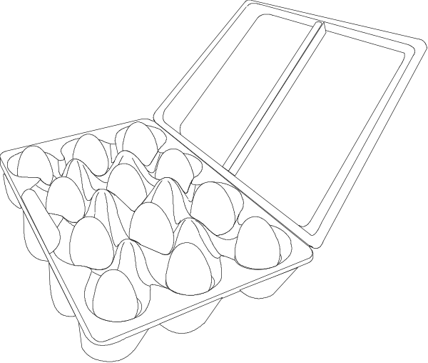 The black and white illustration shows a carton of eggs with an open lid revealing several whole brown chicken eggs inside it on one side against a dark background; there is also another smaller image inset showing two more similar egg trays, each containing multiple individual eggs that appear to be uncracked.