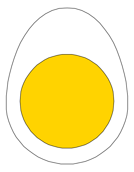 The image shows a cartoon of an egg with its yolk intact inside what appears to be a fried egg shape on top of it against a black background.