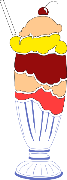 The image shows a cartoon of an ice cream sundae with whipped cream on top inside a glass cup next to a straw in front of it against a gray background.