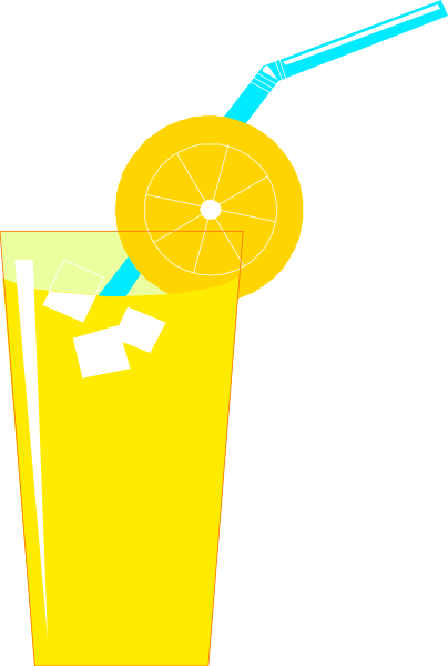 The image shows a tall glass of orange juice with ice cubes on top, garnished with an orange slice and strawberry slices around it; there is also a lemon wedge floating in the drink.