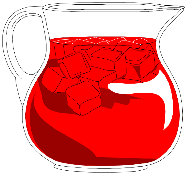 The image shows a red pitcher filled with ice cubes on top of which there is an assortment of candy pieces that resemble sugar cubes floating in it.