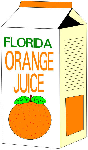 The cartoon depicts a glass of orange juice with an illustration of an actual tangerine on it next to its label "FLORIDA ORANGE JUICE."