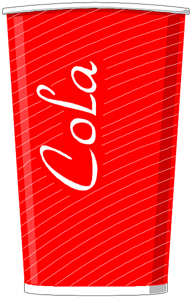 The image shows a red cup with "Coca Cola" written on it placed next to an ice bucket filled with water.