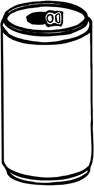 The black and white line drawing shows a can of soda with an unopened tab on top against a plain background.