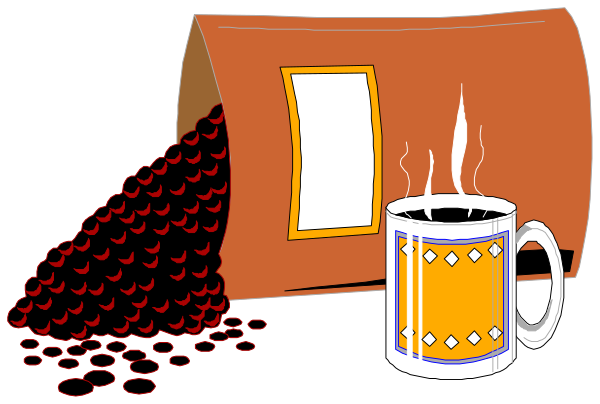The cartoon shows a coffee cup overflowing with red liquid that appears to be spilling out onto an orange surface below it; next to this is a brown mug filled with black dots on top of which sits another smaller mug, and there's also a small white sign above the larger one.