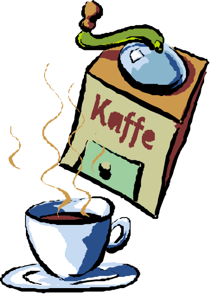 The illustration shows a cartoon of an espresso machine with coffee pouring out into two cups on saucers; above it is text that reads "Kaffe," which means 'coffee' in German, and below this word is another sign reading "Coffe."