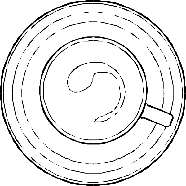 The black and white illustration shows two coffee cups with saucers on a table against an abstract background; there is no text present in this image.