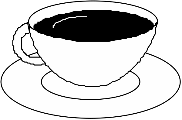 The black and white illustration shows two coffee cups on saucers with a cup of tea between them against a dark background.