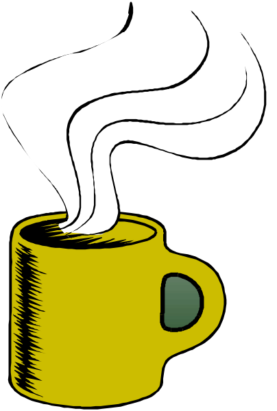 The black and white illustration shows a cup of coffee with steam rising from it on top of what appears to be an image of a steaming mug.