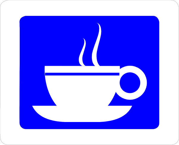 The image shows a blue sign with an illustration of coffee steam rising from it next to a white icon depicting two cups connected by a line overlaid on another square graphic that resembles a cup and saucer, suggesting hot beverages or tea service is available in the location indicated.