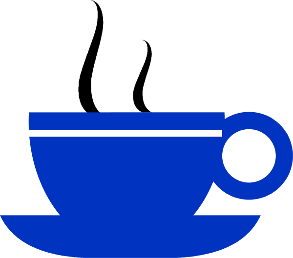 The image shows a blue coffee cup with two handles on either side of it against a white background.