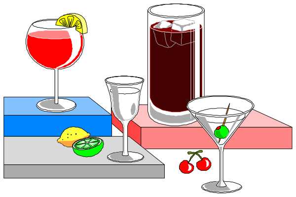 The image shows a table with various cocktails on it: two martinis (one gin), three glasses of wine, one glass of beer, four slices of lime, an olive in each drink except for the beer and lemon wedges around drinks; there's also a small plate containing olives.