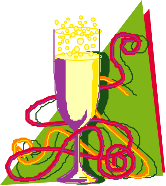 The image shows a colorful illustration of an elegant champagne glass with sparkling liquid filled to just below its rim on top of what appears to be a green tree branch adorned with red ribbon, accompanied by swirling cursive text in shades of purple and pink that resembles the shape of a wine bottle.