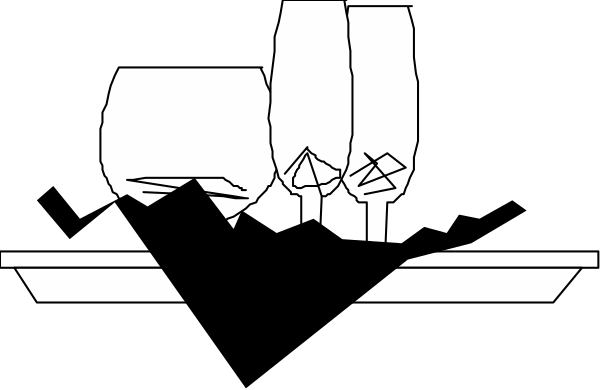 The black and white image shows a wine glass with two stems on either side of it placed next to each other against an indistinct background that does not provide any additional context about objects, people, animals, actions, or setting within this small clip-art style graphic.