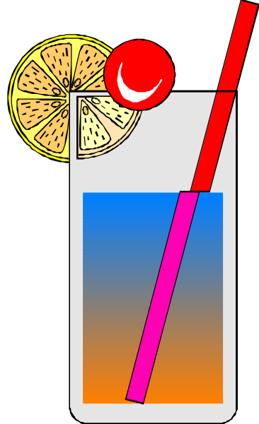 The image shows a cocktail with slices of lemon on top, garnished with an orange slice and cherry, served in a tall glass over ice cubes next to straws; there is also a small umbrella inside it.