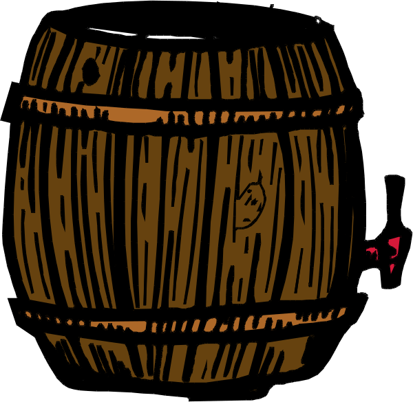 The black and white illustration shows a wooden barrel with visible grain patterns on its surface next to an orange pumpkin that has been carved into a jack-o'lantern shape.