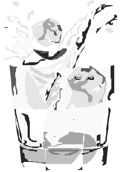 The black and white image shows a cartoon of an ice cream cone with two scoops on top being poured from another container into it by someone's hand that is holding onto both containers; there appears to be some sort of liquid spilling out, creating splashes around them in the background.