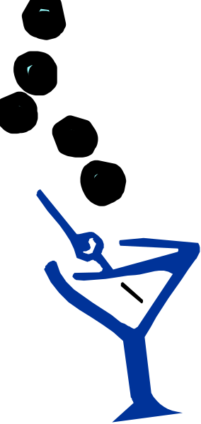 The image shows a blue martini glass with an olive on top of it inside what appears to be a cocktail shaker in front of a black background.