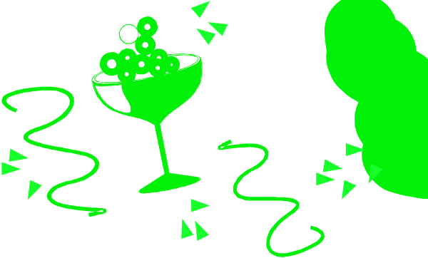 The image shows a green martini glass with an olive on top next to two cocktails that resemble grenadine drinks; there is also a small party hat in front of one drink.