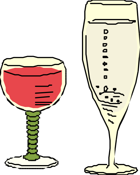 The illustration shows a wine glass with red liquid on its right side next to an empty champagne flute filled with bubbles in front of it against a black background.