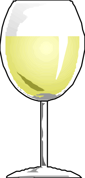 The image shows a glass of wine with white liquid inside it on top of what appears to be a table surface against a dark background.