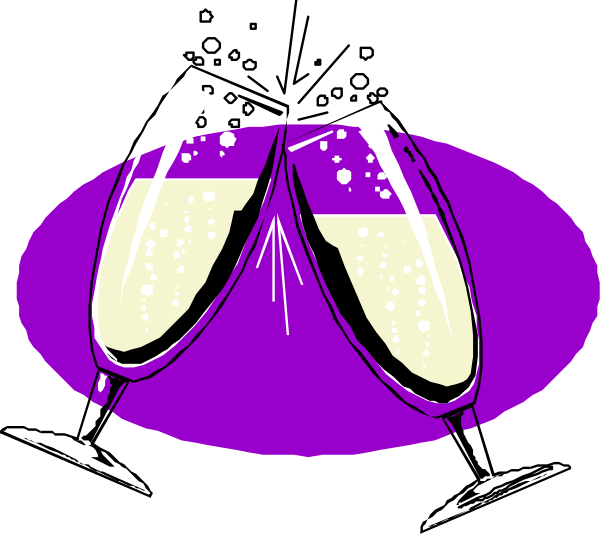 The image shows a purple champagne glass with sparkles around it on top of an eggplant emoji.