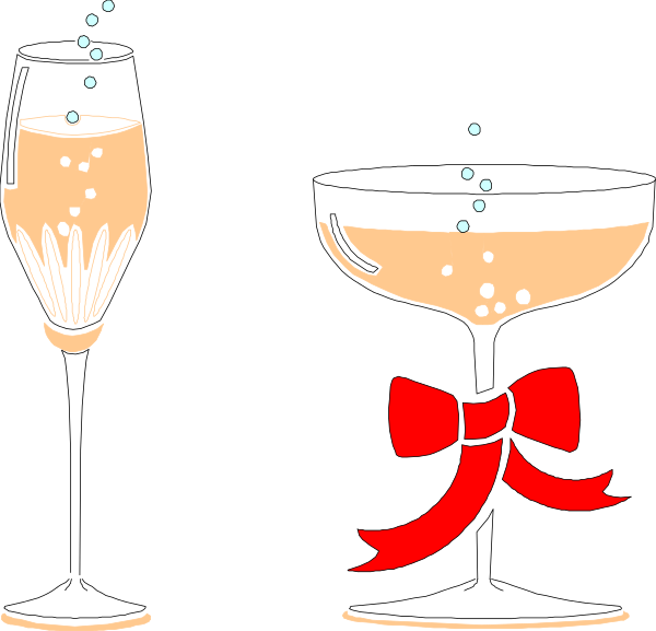 The image shows two champagne flutes with a bow on top of each other against a black background; there is confetti falling from above them in white dots.