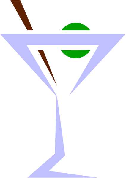 The image shows a stylized graphic of an upside down martini glass with two olives inside it against a dark background; there is also what appears to be a small black figure resembling a person at the bottom right corner, and in front of this character stands another object that looks like a microphone or speaker.