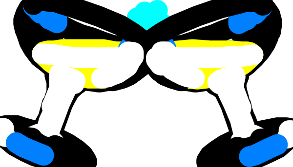 The image shows a black and white illustration of two robots with blue eyes facing each other against a gray background.