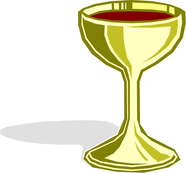 The illustration shows a golden chalice with red wine inside placed on top of what appears to be an altar in front of which there is a cross symbolizing Christianity.