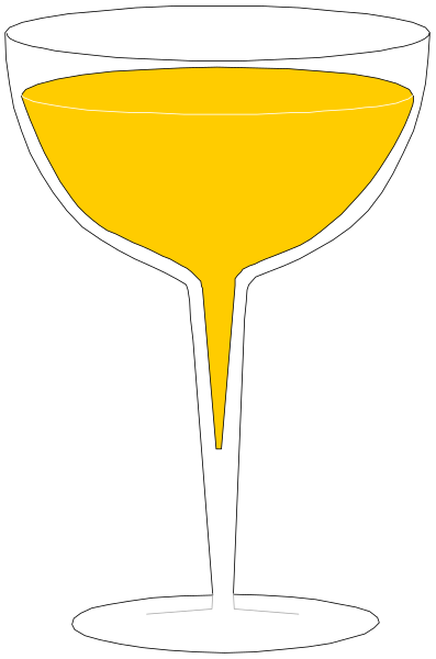 The image shows a martini glass filled with yellow liquid on top of an ice cube, placed against a black background that transitions to white at one end.